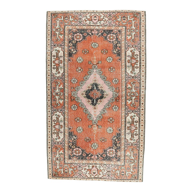 Turkish Vintage Handmade Wool Orange Rug For Sale