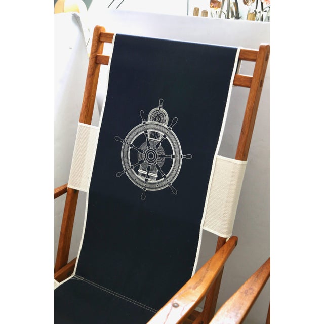 Late 20th Century Ralph Lauren Inspired Deck Chairs Oakwood With Navy Blue and White Upholstery - a Pair For Sale - Image 5 of 10