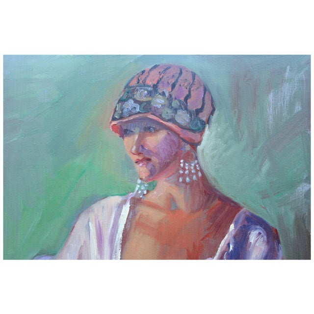 Portrait of a Woman in Purple - Parisian Art Deco Female Figurative by Dominique Amendola For Sale - Image 4 of 5
