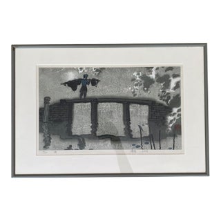 Woodblock Print: Bridge by Zhu Ming, 1985, 20.25x14 Gray Metal Frame For Sale