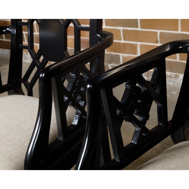 Wood Pair of English Chinese Chippendale Style Black Lacquered Armchairs, circa 1950 For Sale - Image 7 of 12