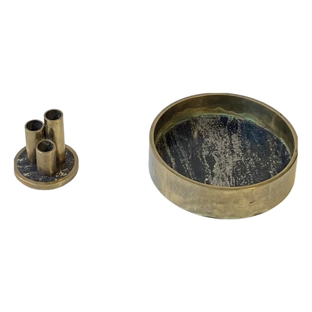 Mid-Century Natural Stone and Brass Pen Holder with Ashtray by Saulo Norway, 1960s, Set of 2 For Sale