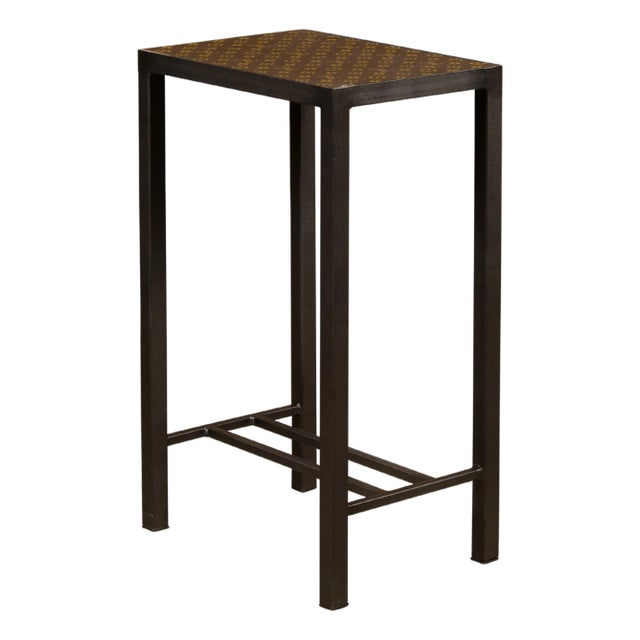 Leather Louis Vuitton Top Small Side Table with Custom Metal Base and Stretchers For Sale