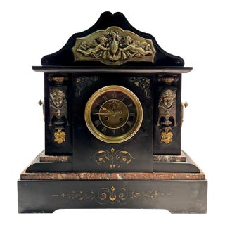 19th Century French Stone Mantel Clock With Greco Roman Motifs & Open Escapement For Sale