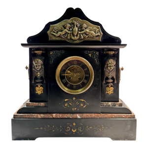 19th Century French Stone Mantel Clock With Greco Roman Motifs & Open Escapement