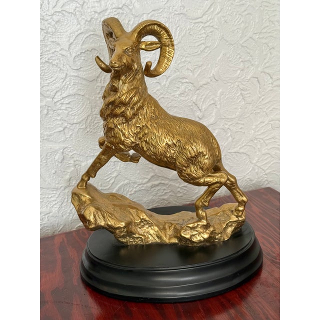 Brass Late 20th Century Solid Brass Ram Statue on Wood Base For Sale - Image 8 of 8
