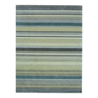 9x12 Zinnia Striped Green Geometric Contemporary Handmade Wool Carpet Rug For Sale