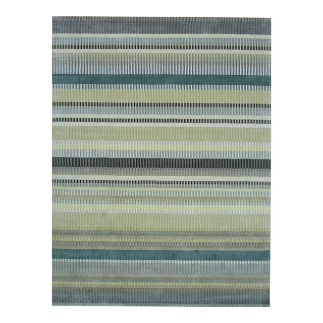 9x12 Zinnia Striped Green Geometric Contemporary Handmade Wool Carpet Rug For Sale
