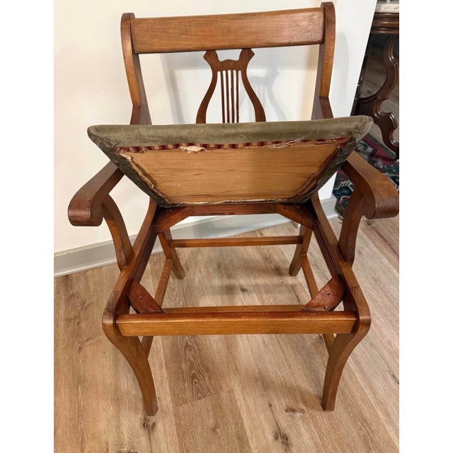 Duncan Phyfe 1930s Duncan Phyfe Style Mahogany Lyre Back Arm Chair With Upholstered Seat For Sale - Image 4 of 4