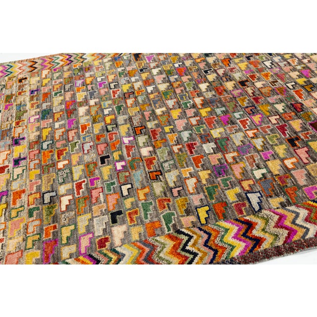 Textile Contemporary Hand-Knotted Baluch Style Rug Vibrant L-Shaped Motif Geometric Wool For Sale - Image 7 of 11