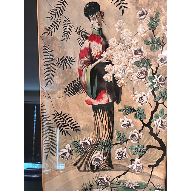 Chinoiserie Vintage Mid Century Chinoiserie Pair Framed Prints D. Voaguest Red Faux Bamboo 24" For Sale - Image 3 of 12