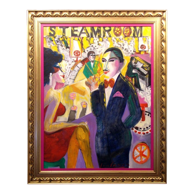 1990s "Steamy Romances" Figurative Oil Painting by Earl Linderman, Framed For Sale