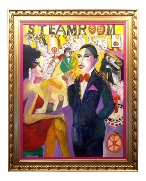 1990s "Steamy Romances" Figurative Oil Painting by Earl Linderman, Framed