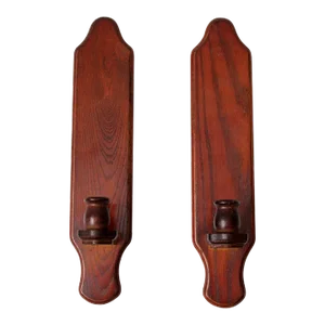 Vintage Wood Candlestick Wall Sconces Pair