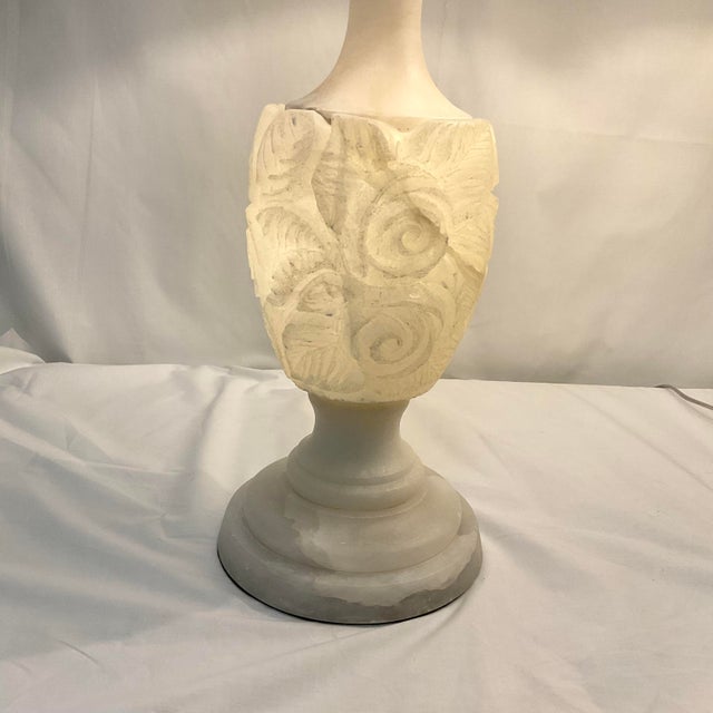 Vintage Carved Natural Alabaster Floral Lamps - a Pair For Sale - Image 4 of 12