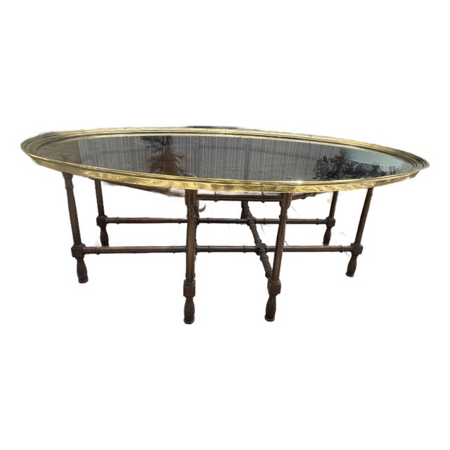 1960s Mid Century Brown Lacquer Bamboo Base Brass Tray Thick Glass Top Coffee Table For Sale