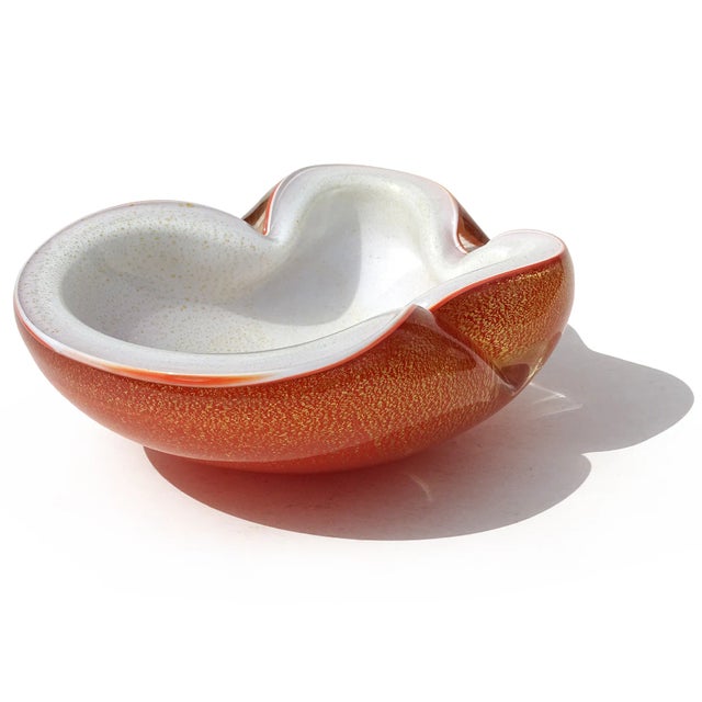 Beautiful vintage Murano hand blown orange over white, and gold flecks Italian art glass decorative bowl / ashtray....