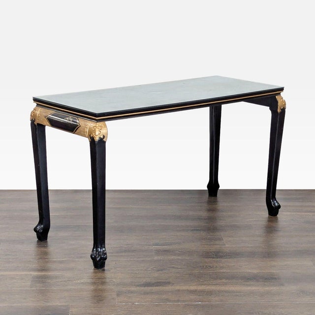 Custom made piece with hand painted scenery and gold applied accents on top border and carved apron. Glass protective top,...