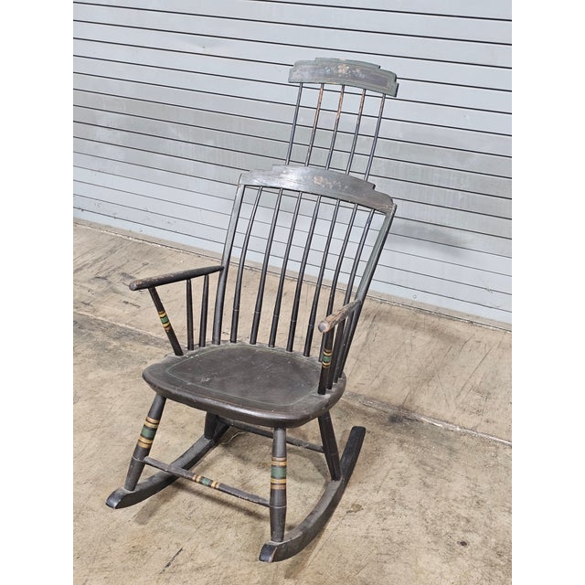 Antique Windsor Hitchcock Style Rocking Arm Chair Black Finish Bench Made For Sale - Image 4 of 9