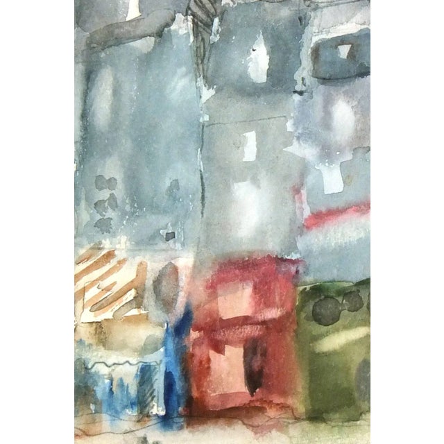 French watercolor mingles old world charm with impressionistic street view and colorful shop fronts, circa 1950. Original...