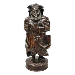 19th C. Black Forest Figural Wood Carved Night Watchman Lidded Tobacco Jar Box For Sale