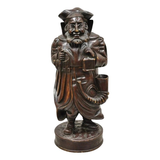 19th C. Black Forest Figural Wood Carved Night Watchman Lidded Tobacco Jar Box For Sale