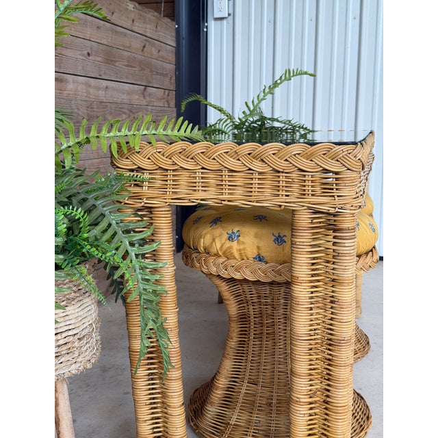Vintage Coastal Handwoven Manila Rattan Console Table With Matching Ottomans-Set of Three For Sale - Image 10 of 12