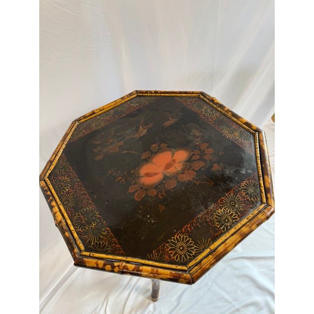 Antique English Bamboo Lacquered Octagonal Table | Aesthetic Movement Chinoiserie | Japanned Top, 28in Tall For Sale - Image 9 of 17