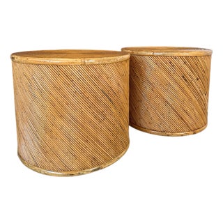 Mid-20th Century Organic Modern Refinished Pencil Rattan Drum Side Tables by Maitland-Smith-Pair For Sale