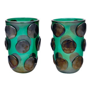 Vintage Teal Murano Glass Vases For Sale