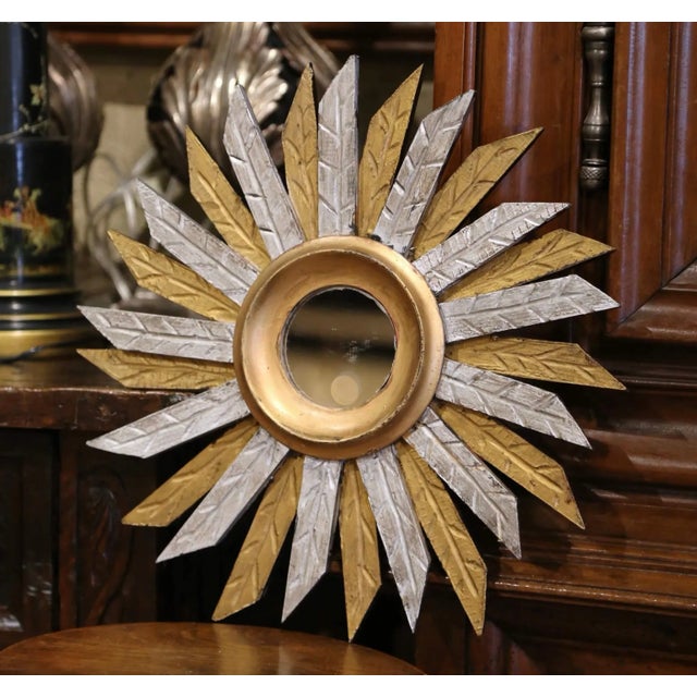 French Vintage French Carved Two-Tone Gilt and Silver Painted Sunburst Wall Mirror For Sale - Image 3 of 7
