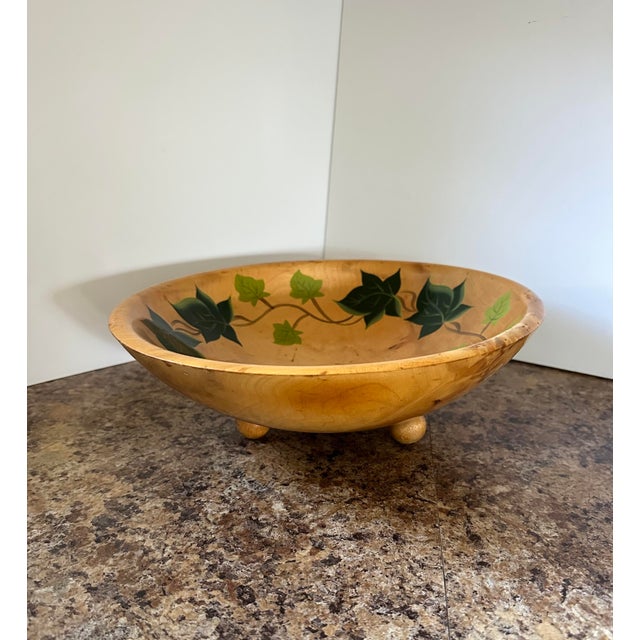 Traditional Vintage Hand Painted Footed Wooden Bowl For Sale - Image 3 of 3
