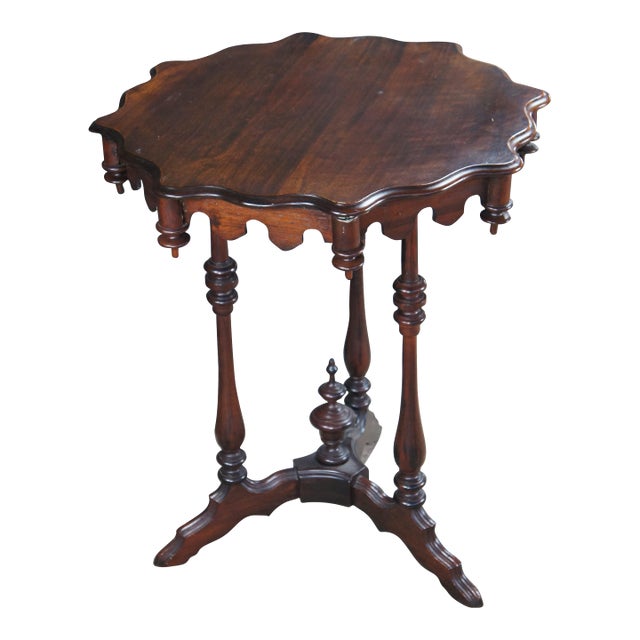 Antique Walnut Gothic Revival Scalloped Parlor Pedestal Center Table Stand For Sale