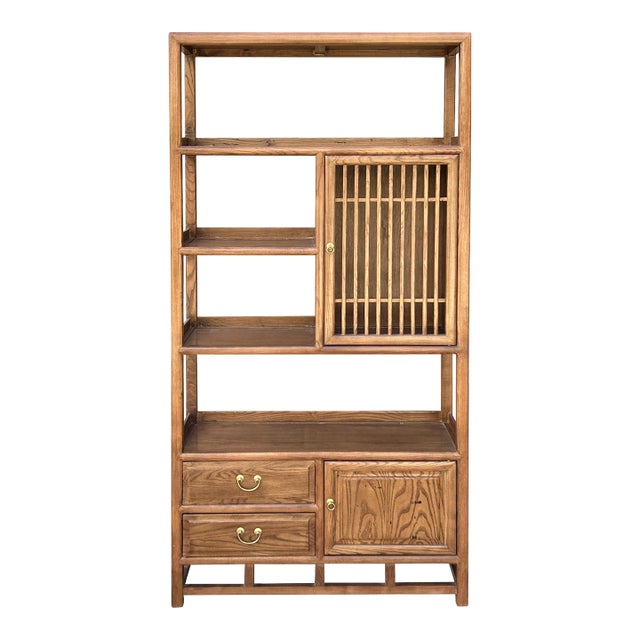 Chinese Elm Wood Brown Open Display Bookcase Cabinet For Sale