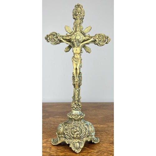 A beautifully cast Vintage French crucifix in brass, richly decorated with classical religious ornamentation and...