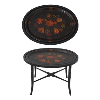 Vintage Black and Gold Toleware Tray Top Table For Sale