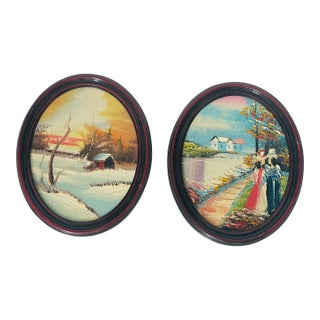 Pair Vintage Art Paintings in Oval Frames For Sale