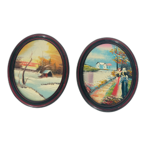 Pair Vintage Art Paintings in Oval Frames