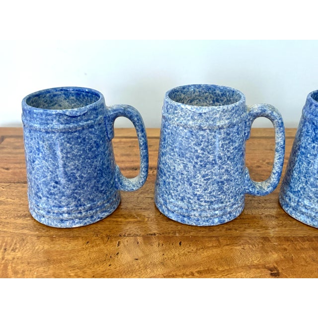 1970s Blue Spongeware Pottery Coffee Mugs - Set of 4 For Sale - Image 4 of 8