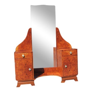 1940s Vintage French Art Deco Burl Wood Ladies Vanity For Sale