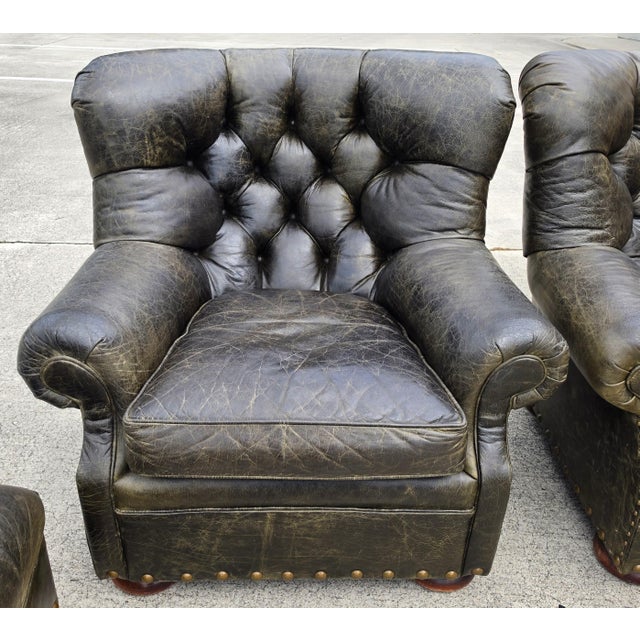 Vintage Henredon for Ralph Lauren English Chesterfield Leather Chair & Ottoman a Pair For Sale - Image 10 of 18
