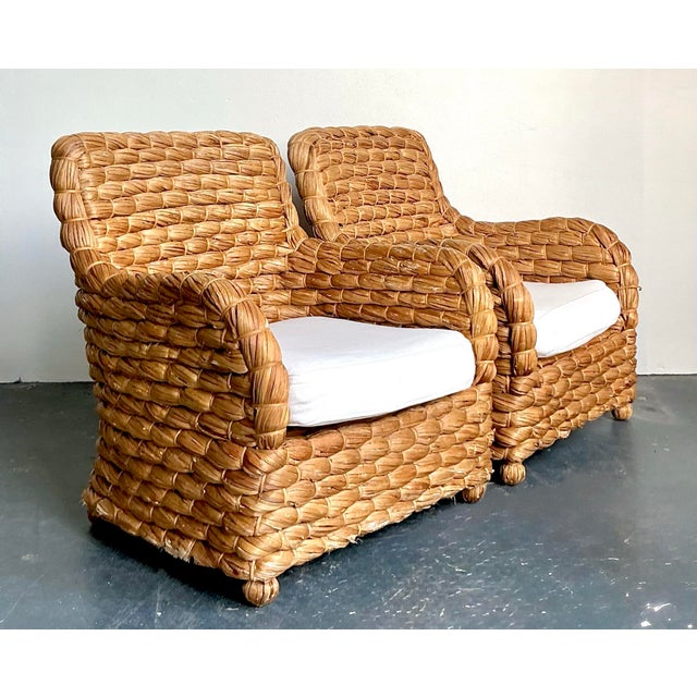 Vintage Boho Wrapped Seagrass Lounge Chairs - A Pair For Sale - Image 11 of 12