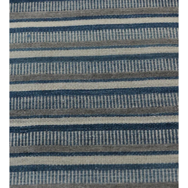 Modern Modern Handwoven Blue Striped Flatweave Rug For Sale - Image 3 of 8