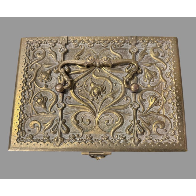Early 20th Century Antique Victorian Art Nouveau German Embossed Gilt Metal Humidor Box Chest For Sale - Image 5 of 8