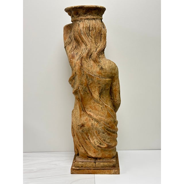 Chestnut Antique Carved Wood Female Caryatid Holding Vessel on Her Head For Sale - Image 8 of 15