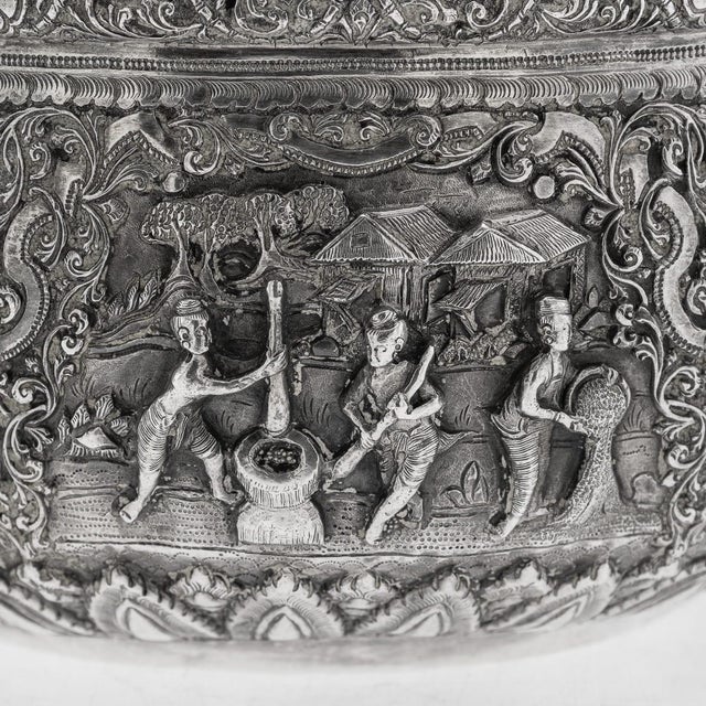 Antique Burmese Repoussé Silver Jataka Tales Bowl, 1910 For Sale - Image 10 of 18