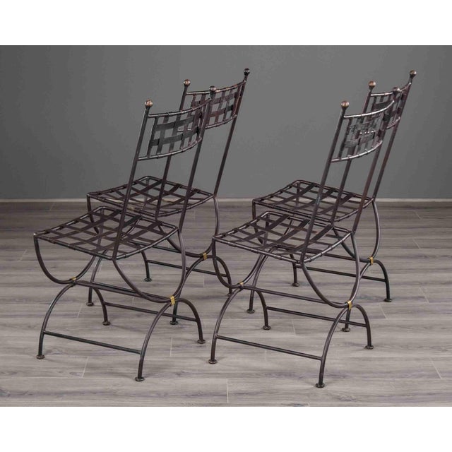 Metal Set of Four French Iron Curule Side Chairs With Woven Strap Seats For Sale - Image 7 of 12