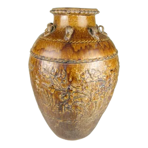Antique Chinese Martaban Jar Brown Tan Glaze Flowers