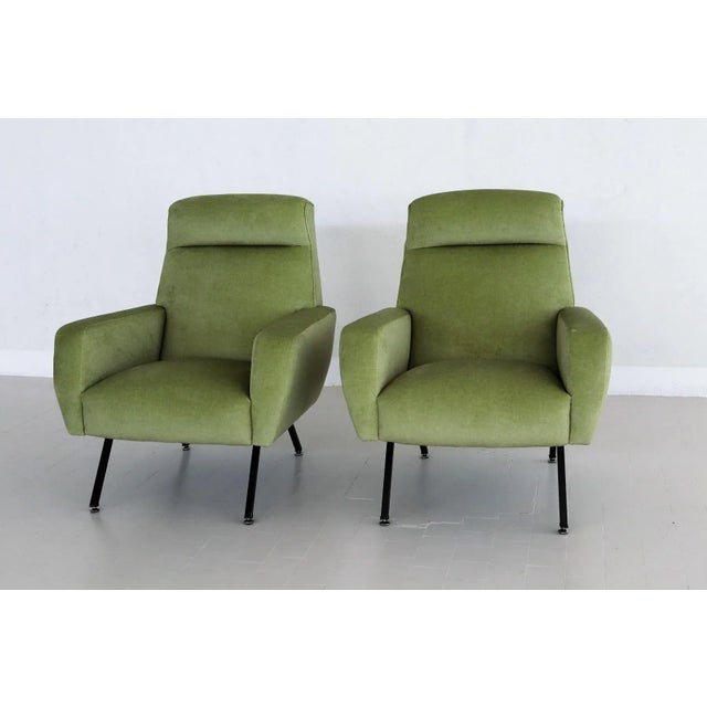 Metal Set of Italian Armchairs in Green Velvet, 1960s For Sale - Image 7 of 16