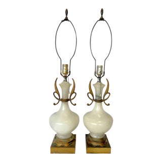 Antique Art Deco/ Hollywood Regency Style Alabaster Table Lamps With Bronze Figureheads- A Pair For Sale